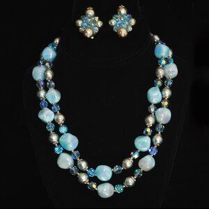 Sherman Blue Art Glass & Crystal Necklace & Earrings Set - Signed